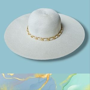 Wide Brim Straw Sun Hat with Removable Gold Chain Trim, 57cm